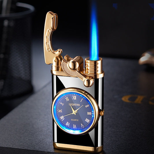 Electric Blue Flame Windproof lighter with built in watch