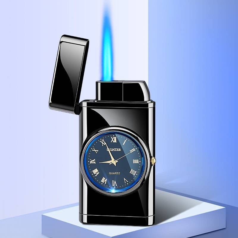 Electric Blue Flame Windproof lighter with built in watch