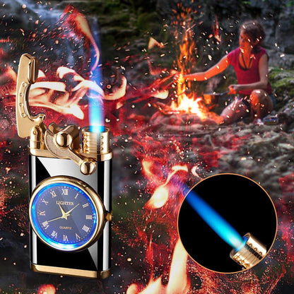Electric Blue Flame Windproof lighter with built in watch
