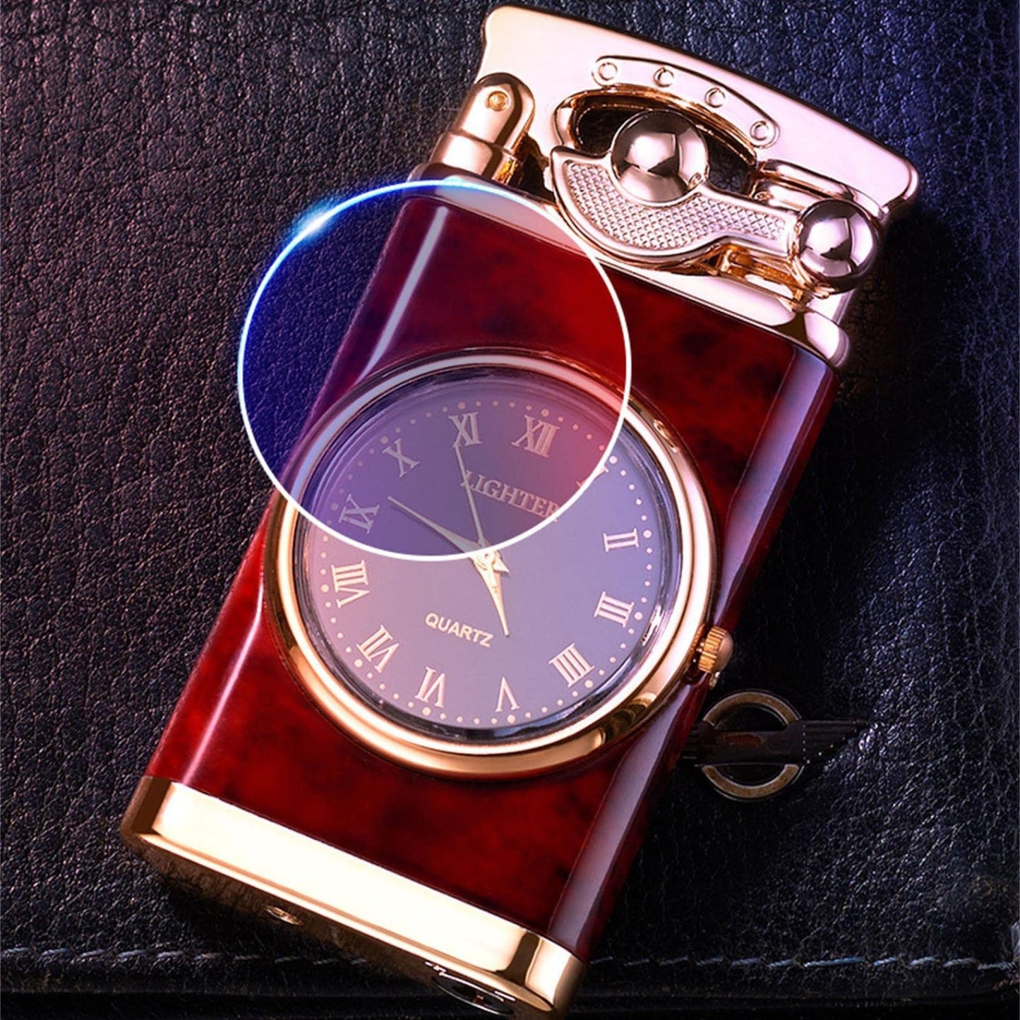 Electric Blue Flame Windproof lighter with built in watch