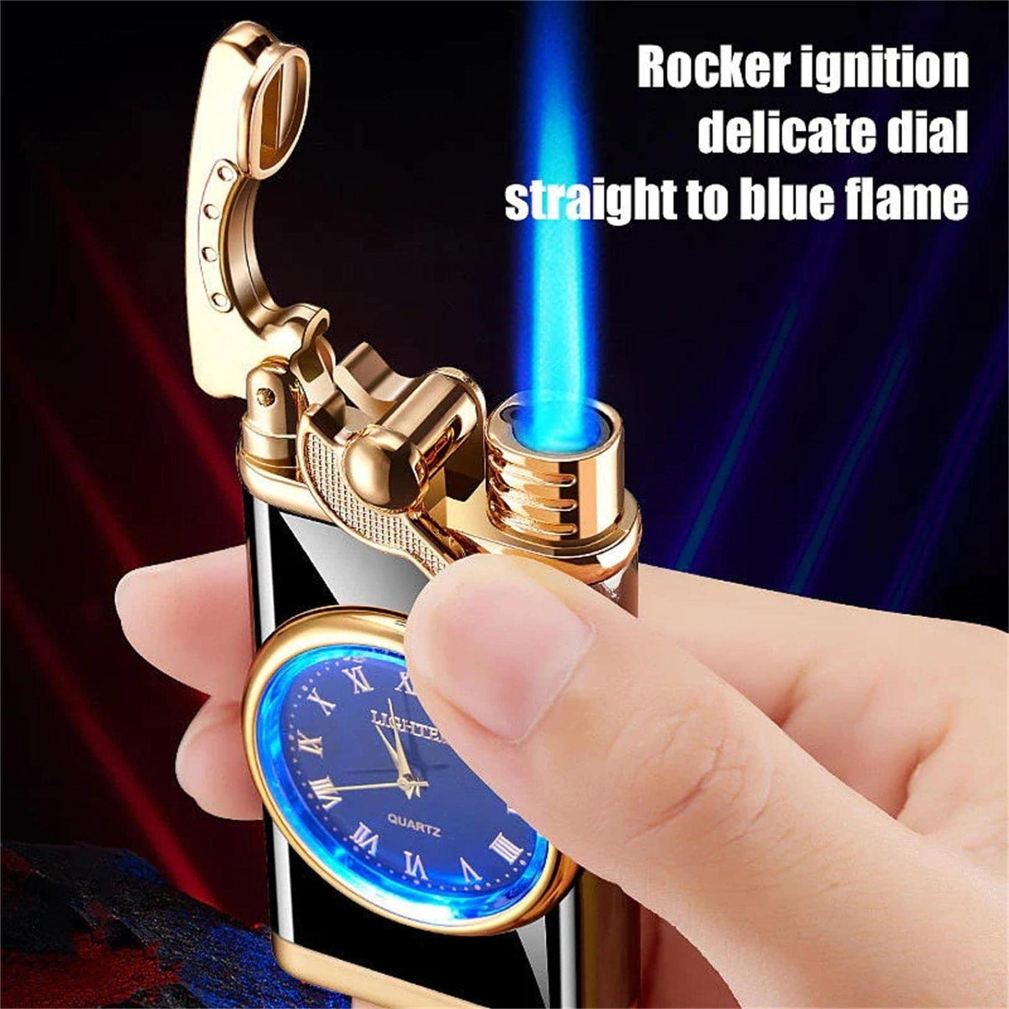 Electric Blue Flame Windproof lighter with built in watch