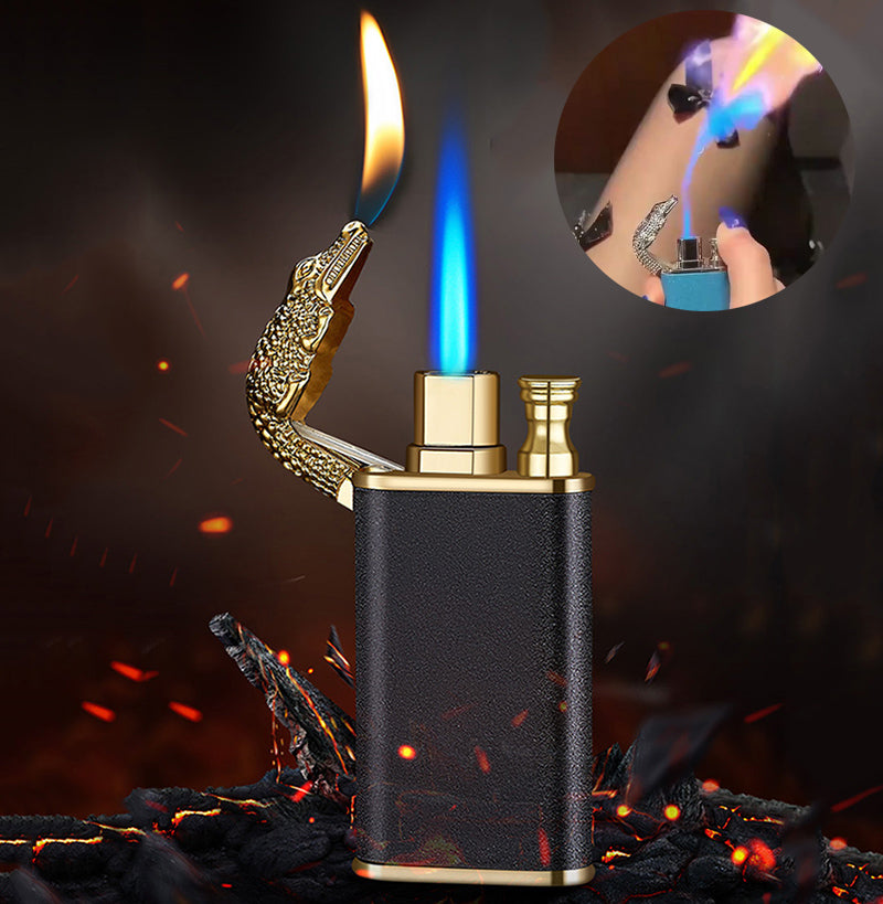 Blue Flame Lighter Dolphin Dragon Tiger Double Fire Metal Windproof Lighter Inflatable Lighter
