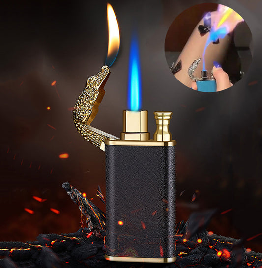Blue Flame Lighter Dolphin Dragon Tiger Double Fire Metal Windproof Lighter Inflatable Lighter