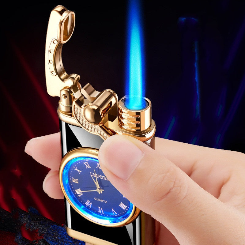 Electric Blue Flame Windproof lighter with built in watch