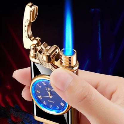 Electric Blue Flame Windproof lighter with built in watch