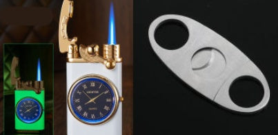 Electric Blue Flame Windproof lighter with built in watch